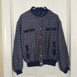 Strut & Bolt Women's Medium Bomber Jacket Blue White Metallic Tweed Lined Button